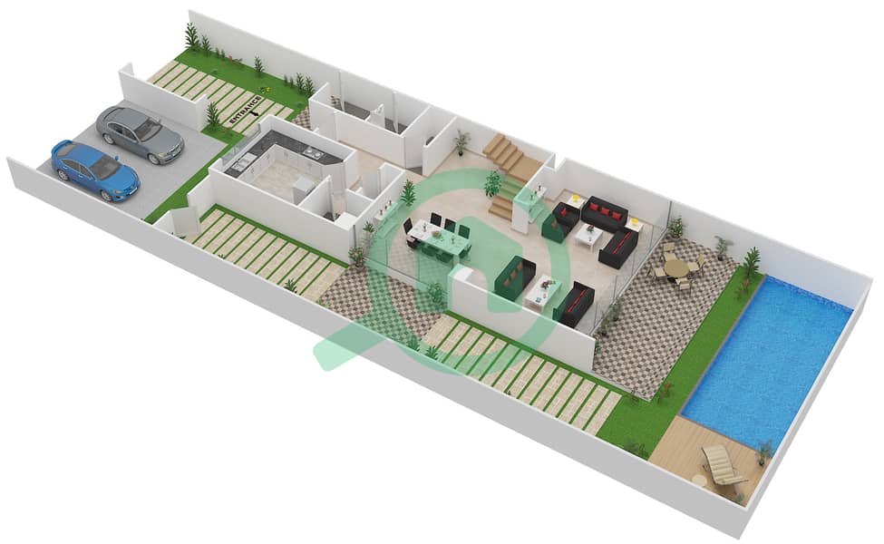 Квинс Медоус - Таунхаус 3 Cпальни планировка Тип TH-L Ground Floor interactive3D