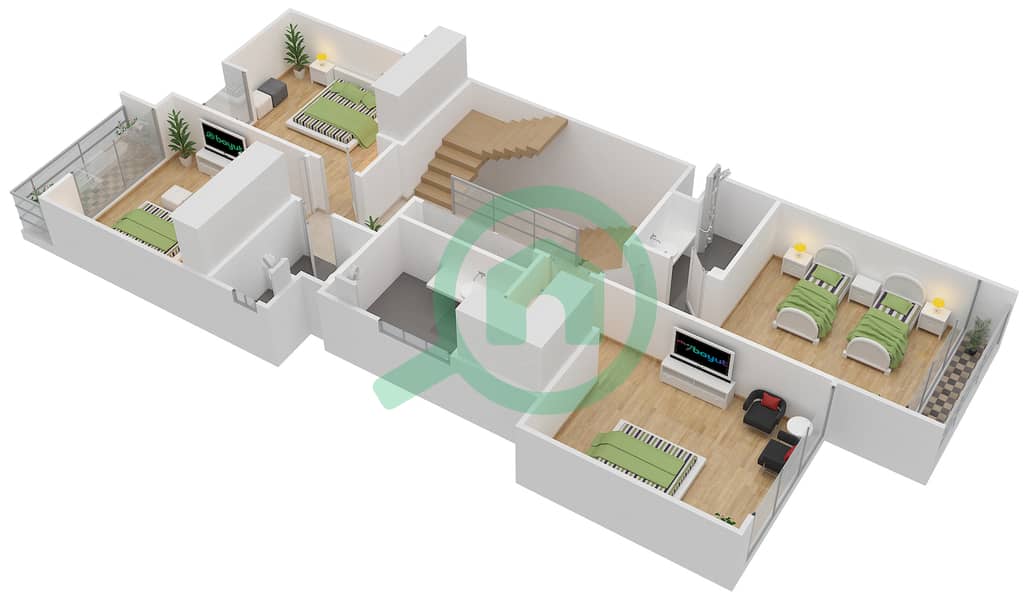 المخططات الطابقية لتصميم النموذج TH-L تاون هاوس 3 غرف نوم - كوينز ميدوز First Floor interactive3D