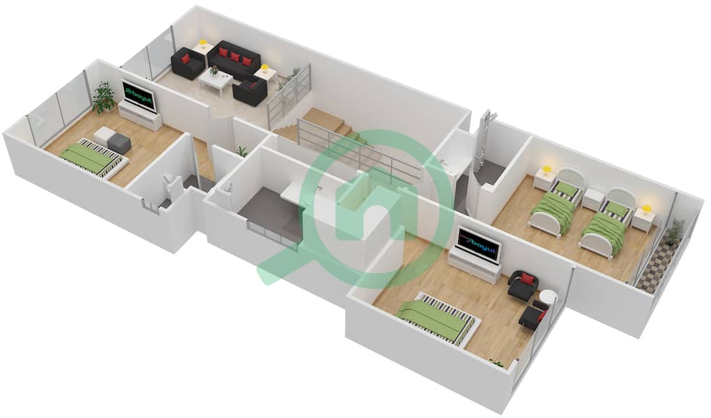 المخططات الطابقية لتصميم النموذج TH-L تاون هاوس 3 غرف نوم - كوينز ميدوز Second Floor interactive3D