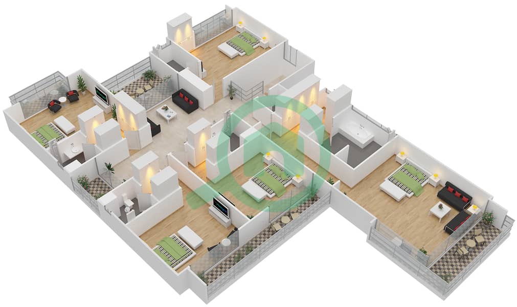 Квинс Медоус - Вилла 6 Cпальни планировка Тип VD-2 First Floor interactive3D