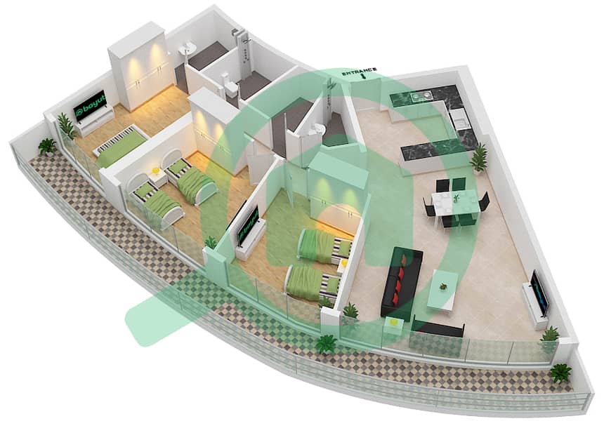 Дамак Мейсон Бэйс Эдж - Апартамент 3 Cпальни планировка Тип Q FLOOR  22 Floor  22 interactive3D