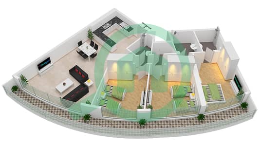 المخططات الطابقية لتصميم النموذج P  FLOOR 22 شقة 3 غرف نوم - داماك ميزون بايز إيدج