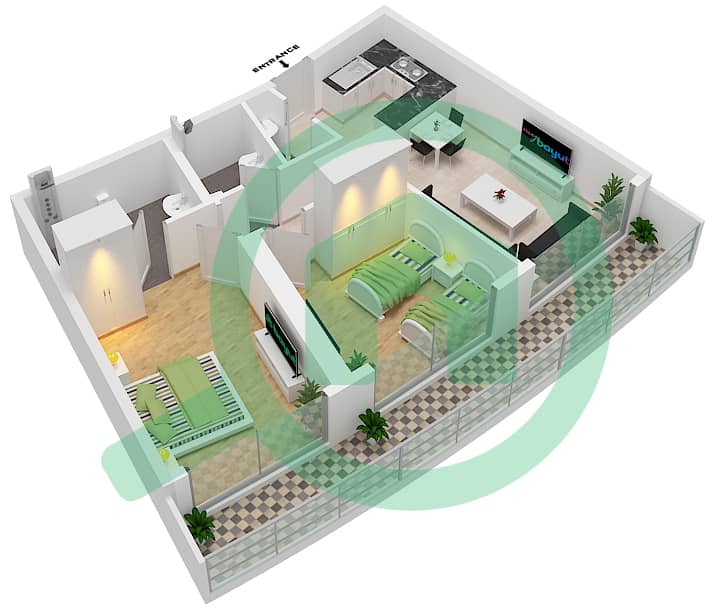 المخططات الطابقية لتصميم النموذج O  FLOOR 22 شقة 2 غرفة نوم - داماك ميزون بايز إيدج Floor 22 interactive3D