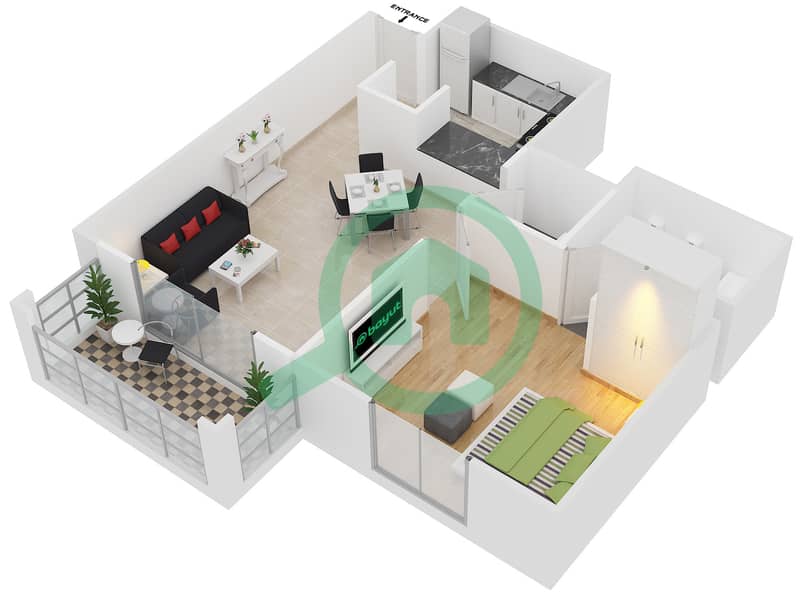 المخططات الطابقية لتصميم النموذج G2 شقة 1 غرفة نوم - قرية الخليج interactive3D