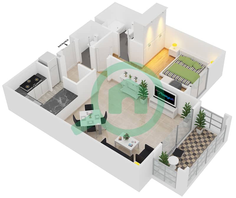 Al Khaleej Village - 1 Bedroom Apartment Type G Floor plan interactive3D