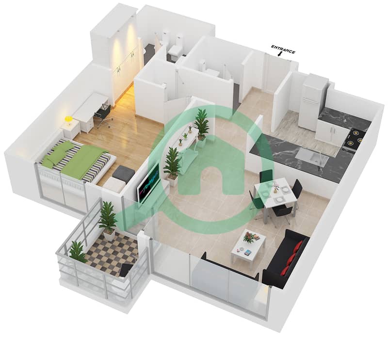 Al Khaleej Village - 1 Bedroom Apartment Type H Floor plan interactive3D