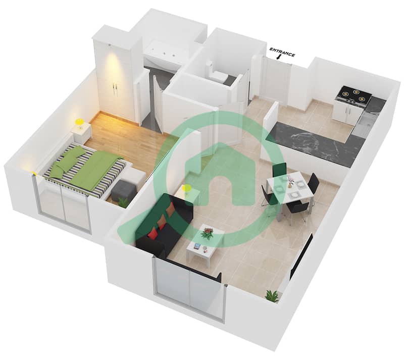 المخططات الطابقية لتصميم النموذج R شقة 1 غرفة نوم - قرية الخليج interactive3D