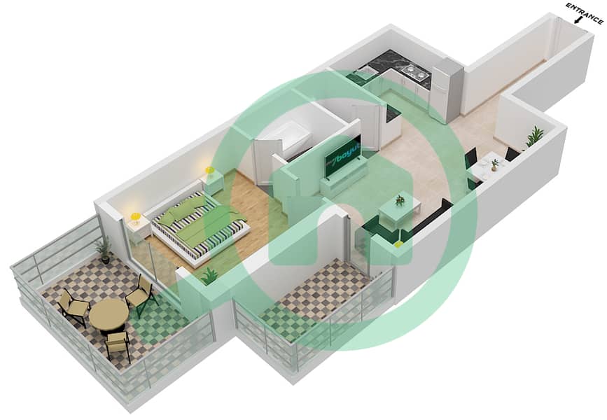 المخططات الطابقية لتصميم النموذج A. شقة 1 غرفة نوم - إليت داون تاون ريزيدنس interactive3D