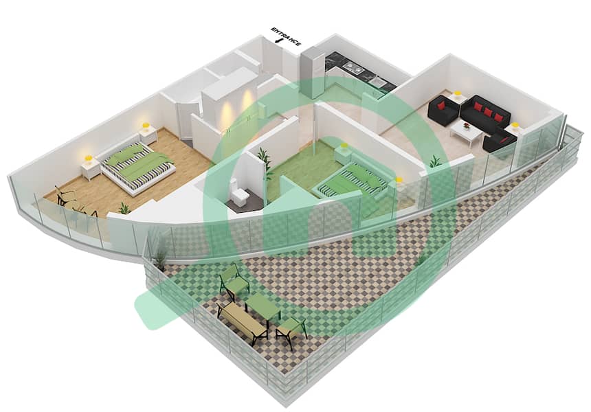 المخططات الطابقية لتصميم الوحدة 806 شقة 2 غرفة نوم - مارینا وارف 2 Floor 2 interactive3D