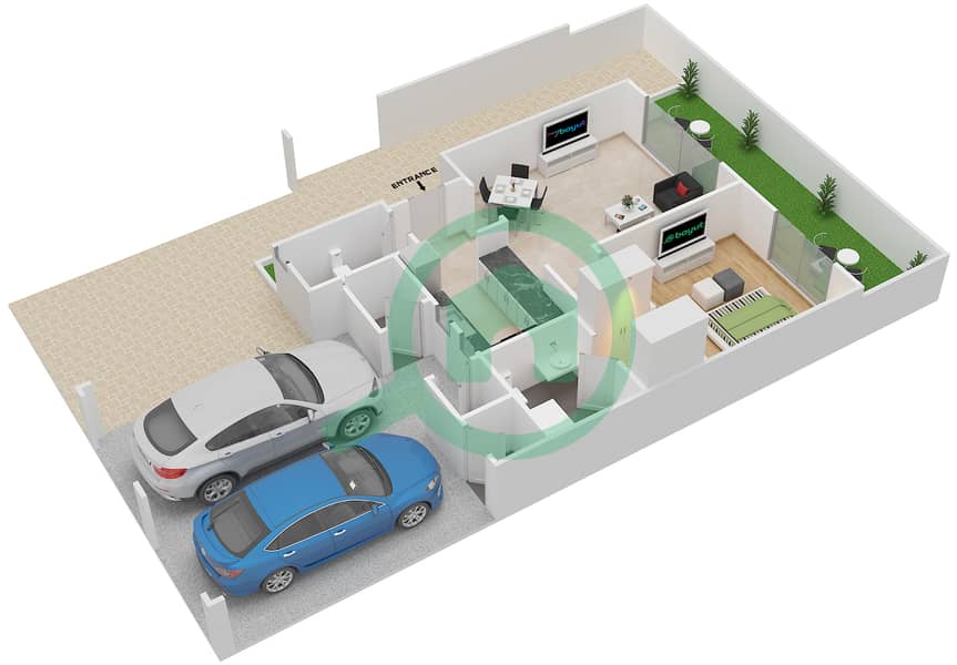المخططات الطابقية لتصميم النموذج B شقة 1 غرفة نوم - قرية الخليج Ground Floor interactive3D