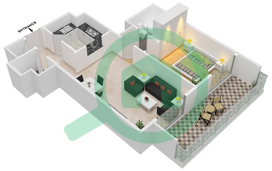 百慕大景观 - 1 卧室公寓类型／单位A2 / 02 FLOOR 1戶型图 Floor 1 interactive3D