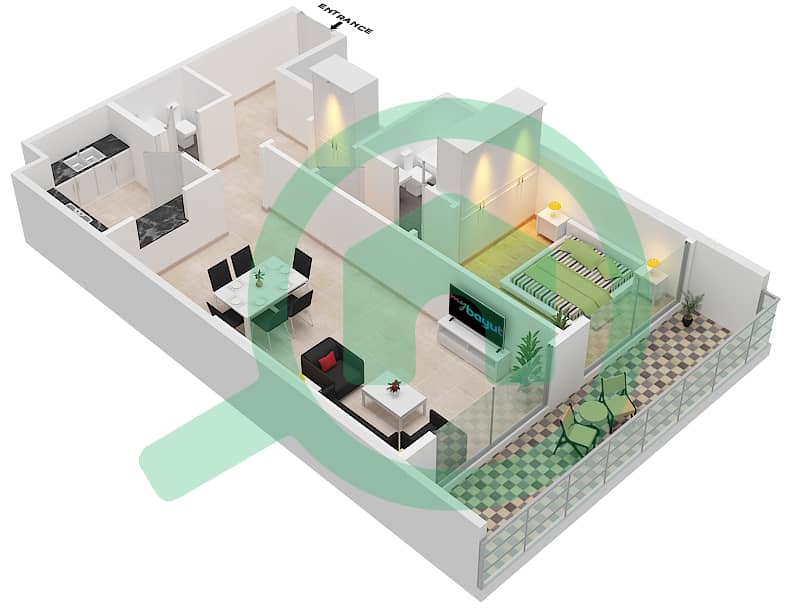 百慕大景观 - 1 卧室公寓类型／单位B4 / 09 FLOOR 1戶型图 Floor 1 interactive3D