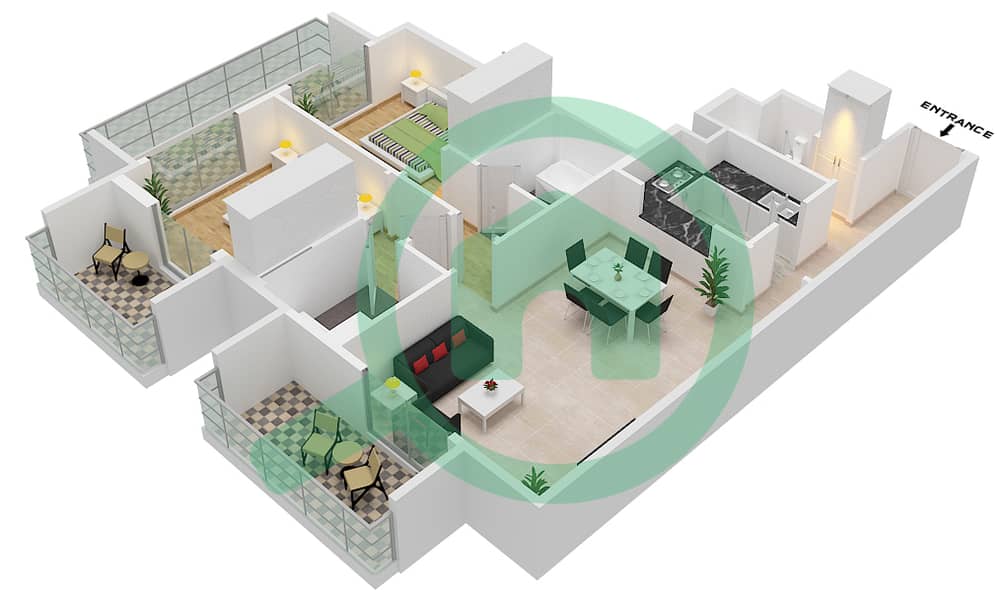 المخططات الطابقية لتصميم النموذج / الوحدة B2 / 11 FLOOR 1,2 شقة 2 غرفة نوم - برمودا فيوز Floor 1,2 interactive3D