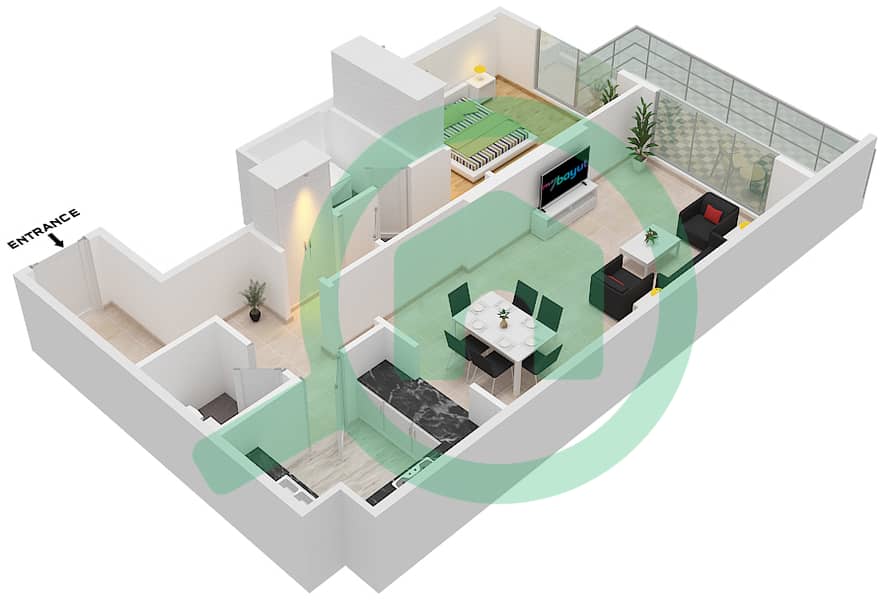 المخططات الطابقية لتصميم النموذج / الوحدة A1 / 01 FLOOR 3-14 شقة 1 غرفة نوم - برمودا فيوز Floor 3-14 interactive3D