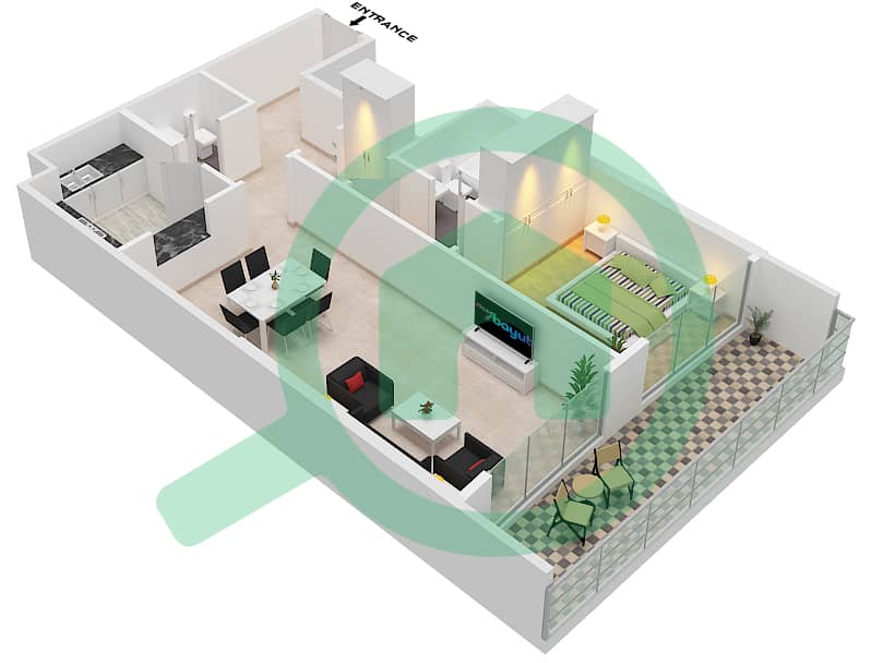 百慕大景观 - 1 卧室公寓类型／单位B4 / 09 FLOOR 3-14戶型图 Floor 3-14 interactive3D