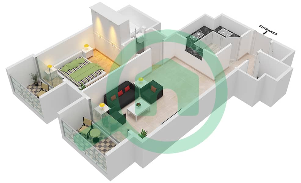 百慕大景观 - 1 卧室公寓类型／单位B2 / 15 FLOOR 3戶型图 Floor 3 interactive3D