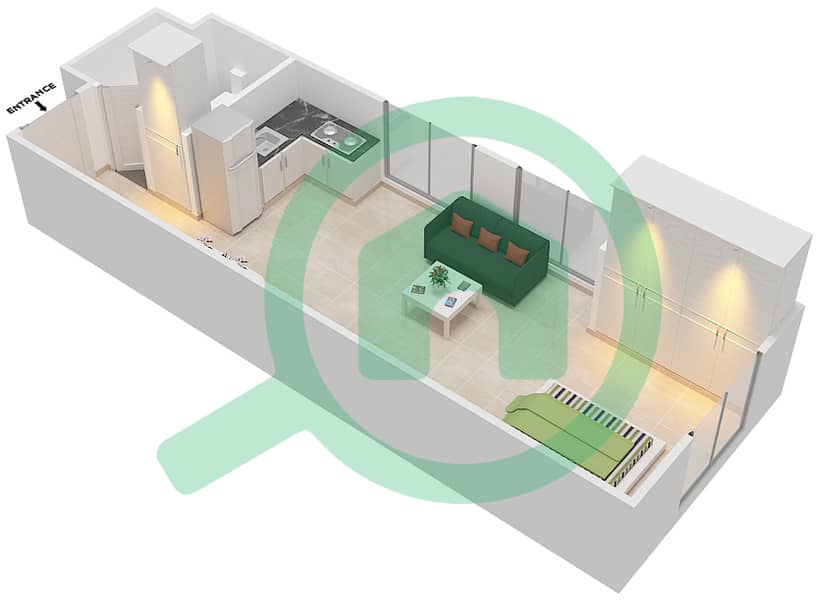المخططات الطابقية لتصميم النموذج A شقة استوديو - بلاتينوم 1 interactive3D