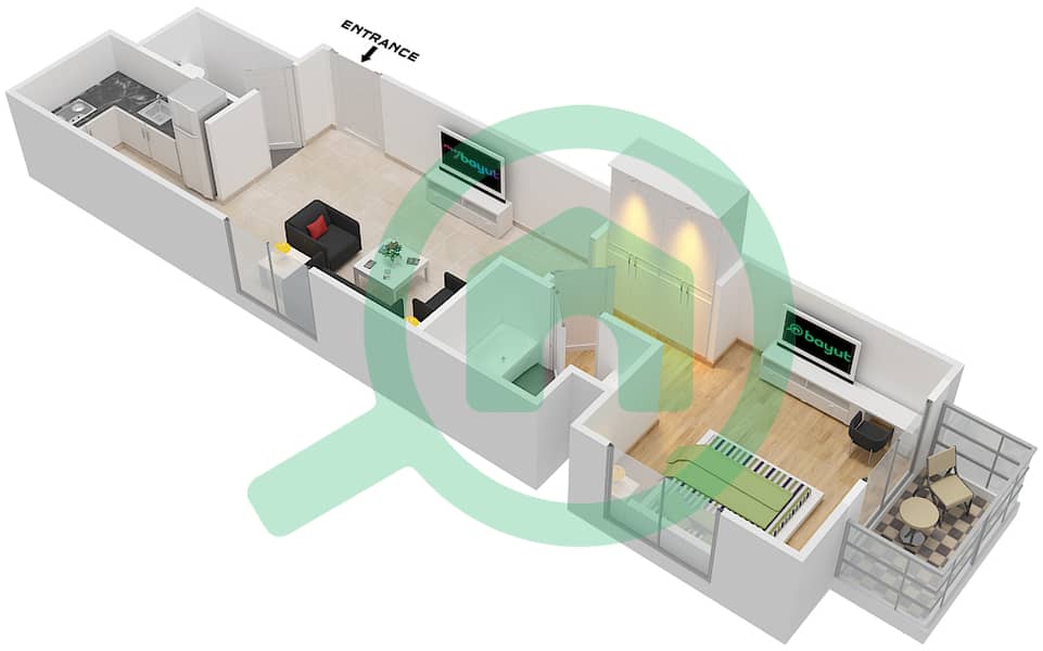 白金一号大楼 - 1 卧室公寓类型B戶型图 interactive3D
