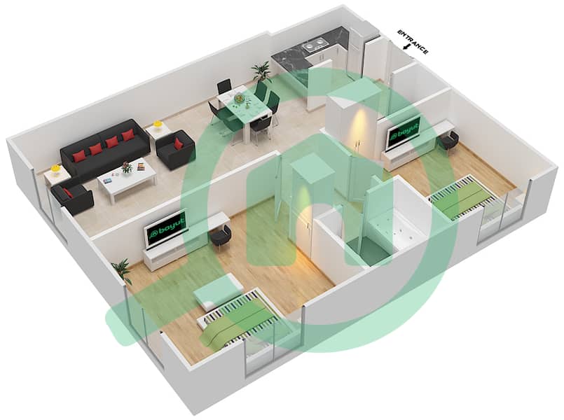 المخططات الطابقية لتصميم النموذج C شقة 2 غرفة نوم - بلاتينوم 1 interactive3D