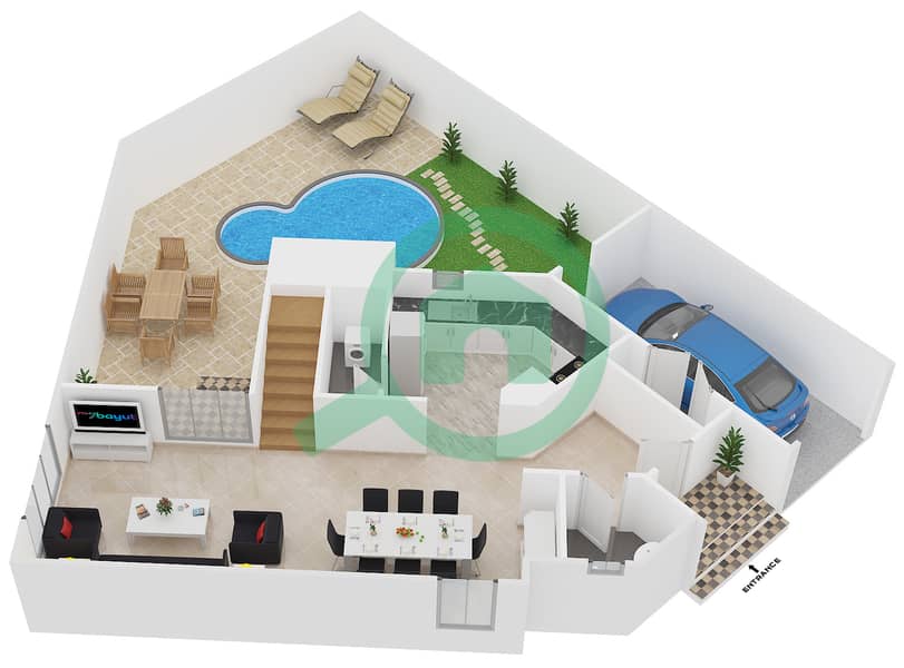 Al Khaleej Village - 2 Bedroom Townhouse Type T2BR-MISC Floor plan Ground Floor interactive3D