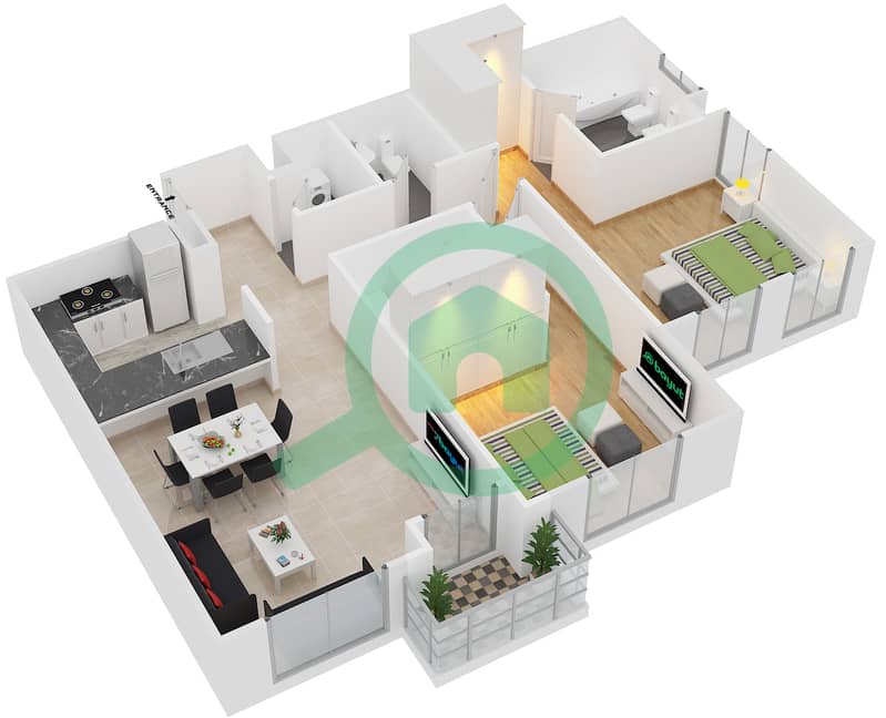 المخططات الطابقية لتصميم النموذج K شقة 2 غرفة نوم - قرية الخليج interactive3D