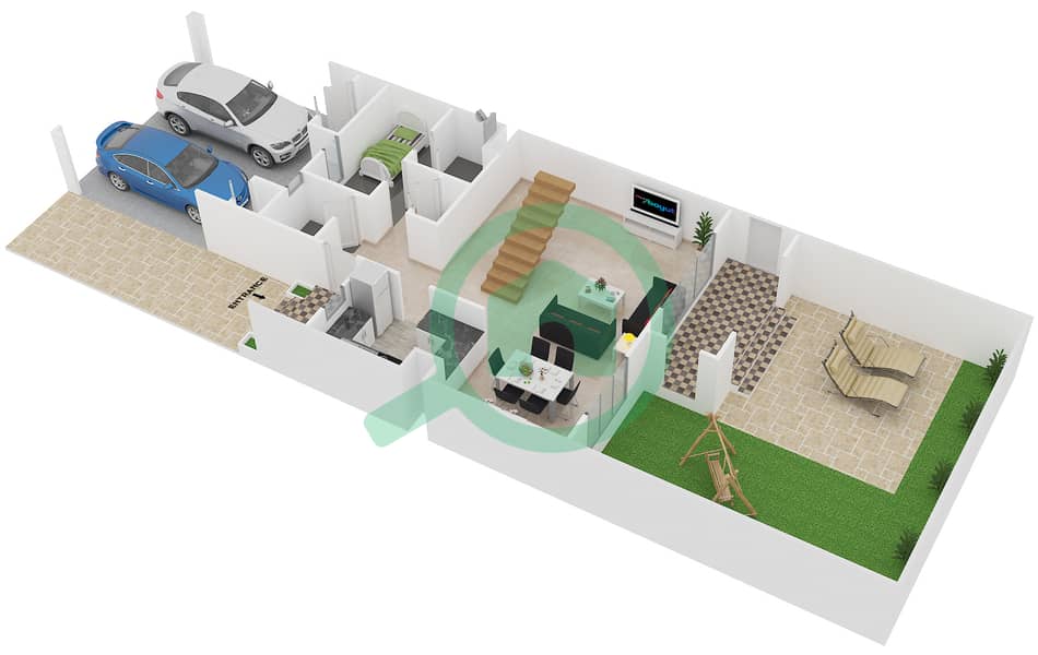 Al Khaleej Village - 2 Bedroom Townhouse Type T2BR-A Floor plan Ground Floor interactive3D
