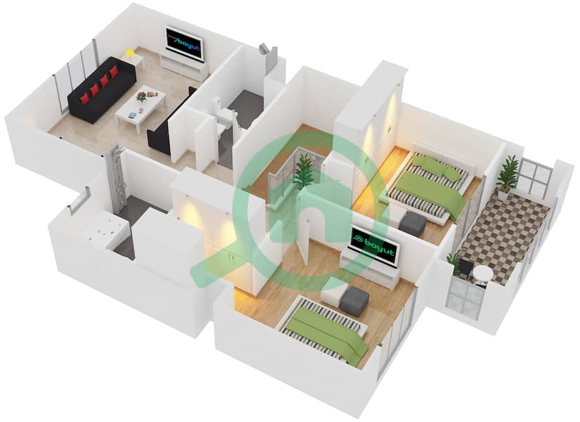 المخططات الطابقية لتصميم النموذج T2BR-A تاون هاوس 2 غرفة نوم - قرية الخليج First Floor interactive3D
