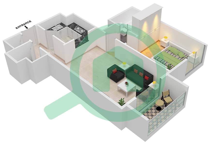 百慕大景观 - 1 卧室公寓类型／单位B3 / 10  FLOOR 4-14戶型图 interactive3D