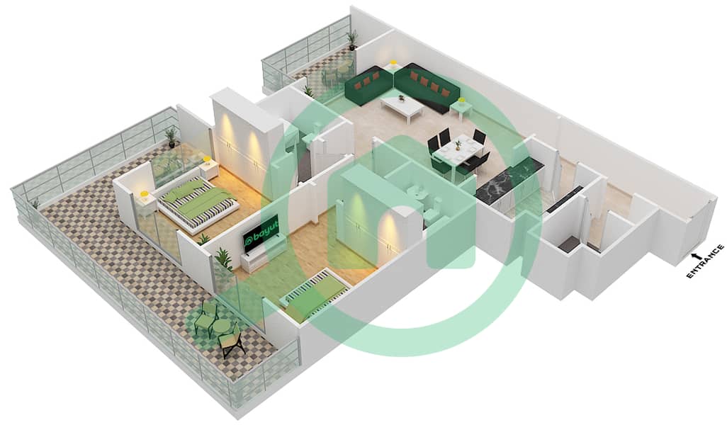 المخططات الطابقية لتصميم النموذج / الوحدة B1/14 FLOOR 4-14 شقة 2 غرفة نوم - برمودا فيوز interactive3D