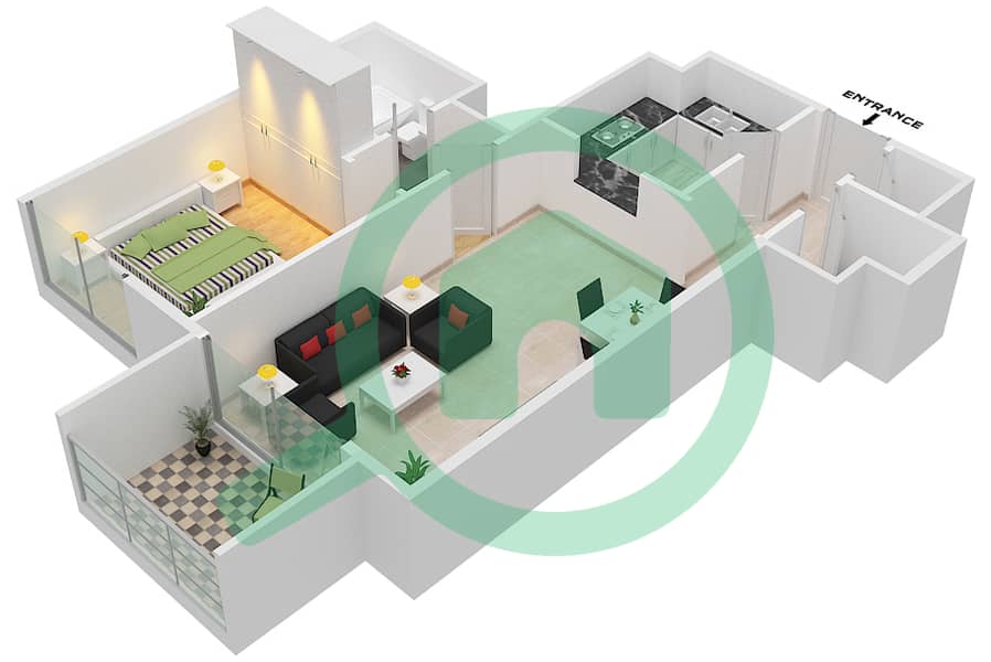 百慕大景观 - 1 卧室公寓类型／单位B2 / 15 FLOOR 4-14戶型图 Floor 4-14 interactive3D