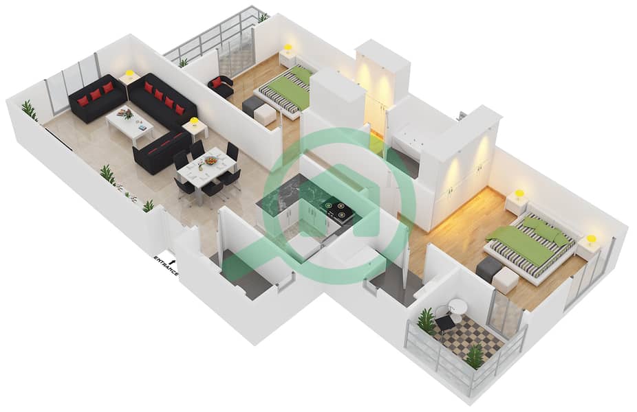 المخططات الطابقية لتصميم النموذج B FLOOR 1 شقة 2 غرفة نوم - قرية الخليج interactive3D