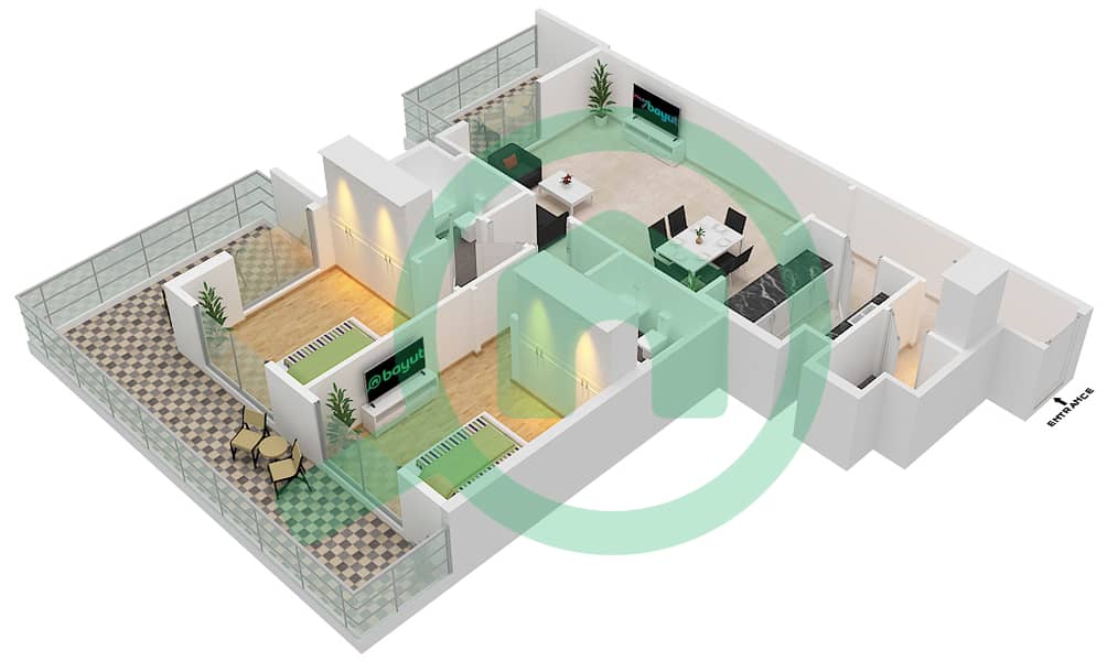 百慕大景观 - 2 卧室公寓类型／单位B1 / 10 FLOOR 15戶型图 Floor 15 interactive3D