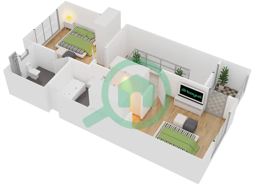 المخططات الطابقية لتصميم النموذج T2BR-B تاون هاوس 2 غرفة نوم - قرية الخليج First Floor interactive3D