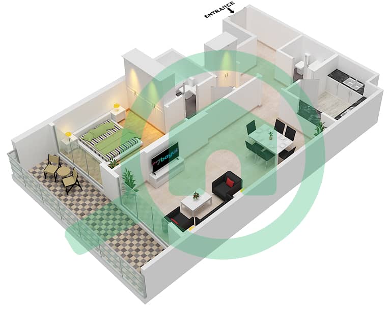 المخططات الطابقية لتصميم النموذج / الوحدة B1 / 12 FLOOR 15 شقة 1 غرفة نوم - برمودا فيوز Floor 15 interactive3D