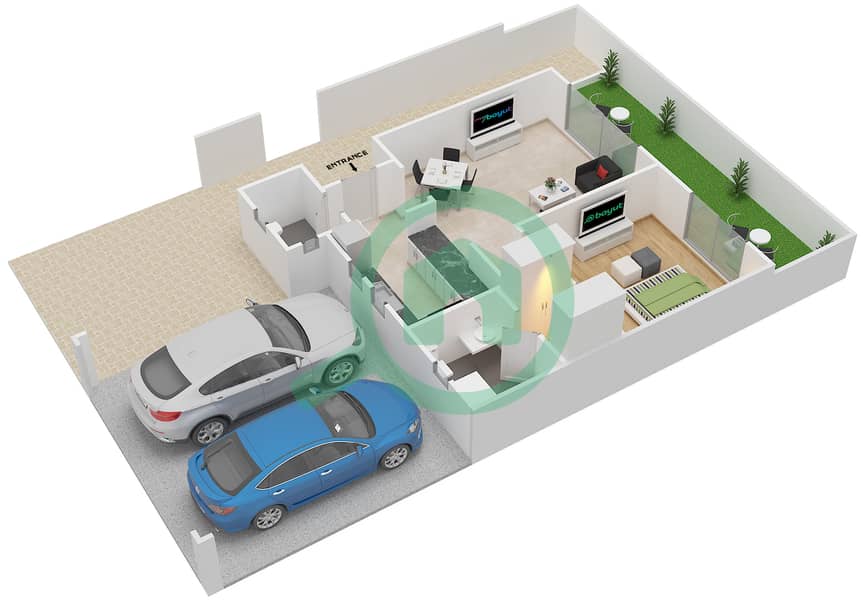 المخططات الطابقية لتصميم النموذج A شقة 1 غرفة نوم - قرية الخليج interactive3D
