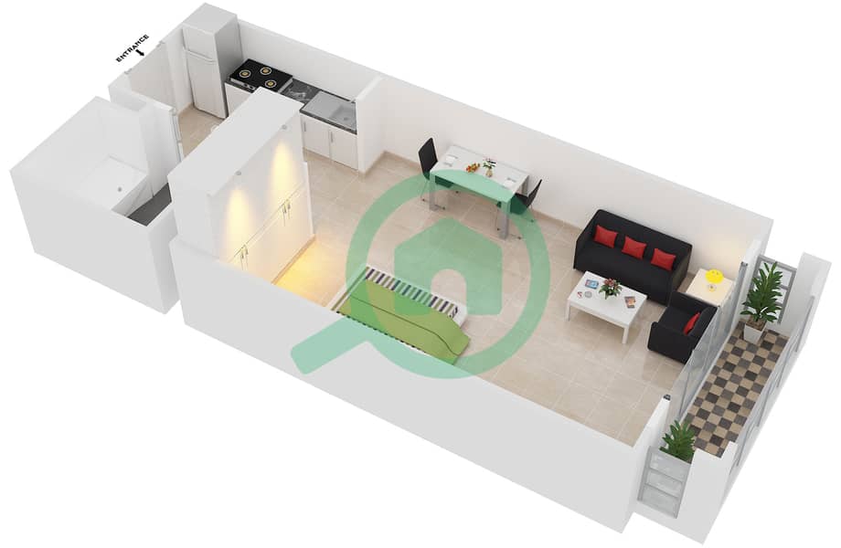 المخططات الطابقية لتصميم النموذج S1 شقة استوديو - قرية الخليج interactive3D