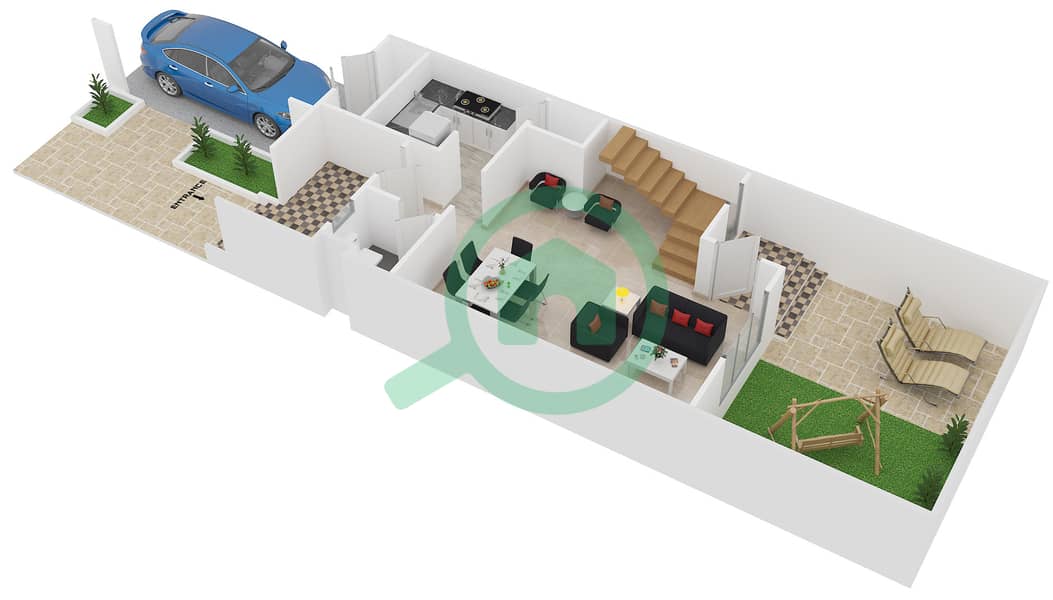 المخططات الطابقية لتصميم النموذج T2BR-B تاون هاوس 2 غرفة نوم - قرية الخليج Ground Floor interactive3D