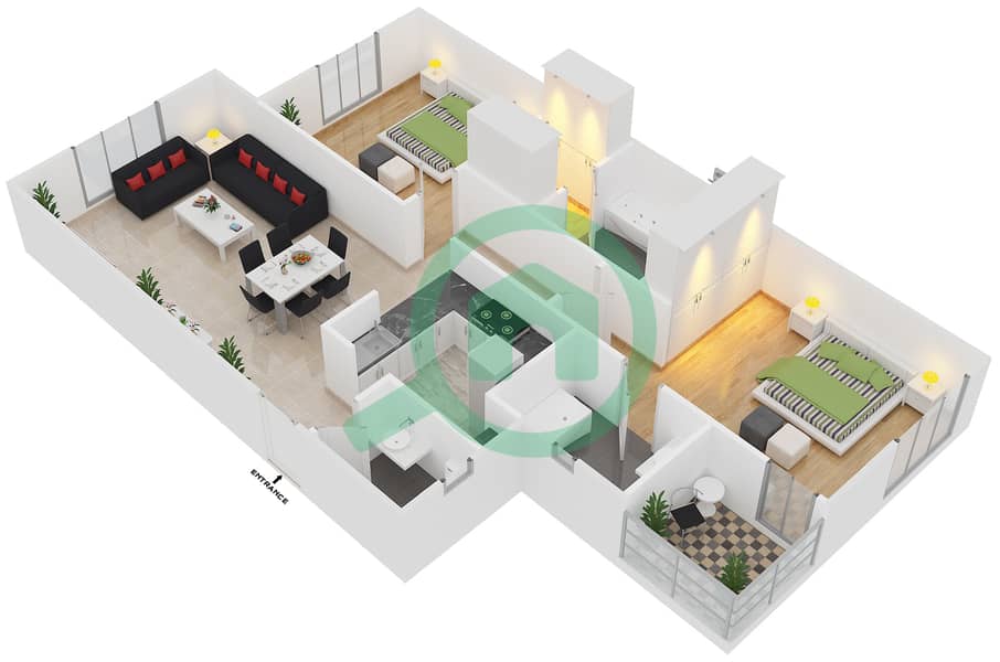 المخططات الطابقية لتصميم النموذج A شقة 2 غرفة نوم - قرية الخليج interactive3D