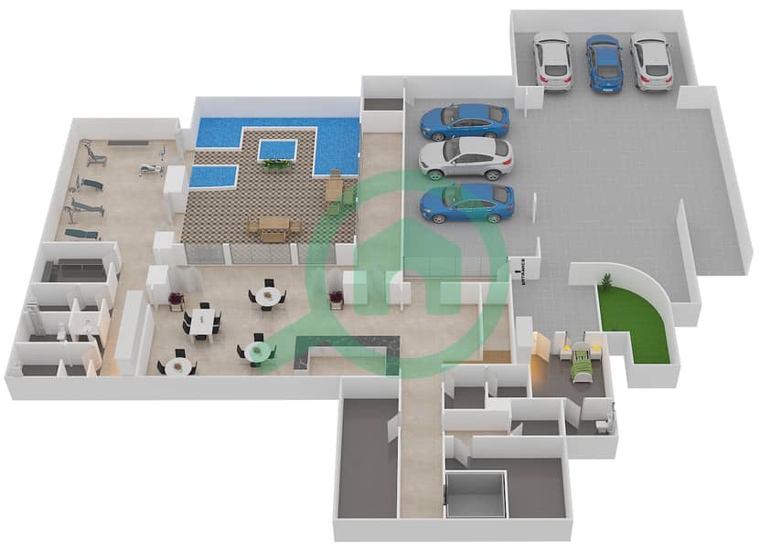 迪拜山景社区 - 7 卧室别墅类型2 CLASSIC戶型图 Lower Floor interactive3D