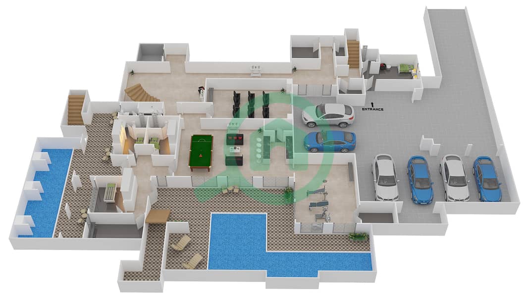 迪拜山景社区 - 8 卧室别墅类型4 MEDITERRANEAN戶型图 Lower Floor interactive3D