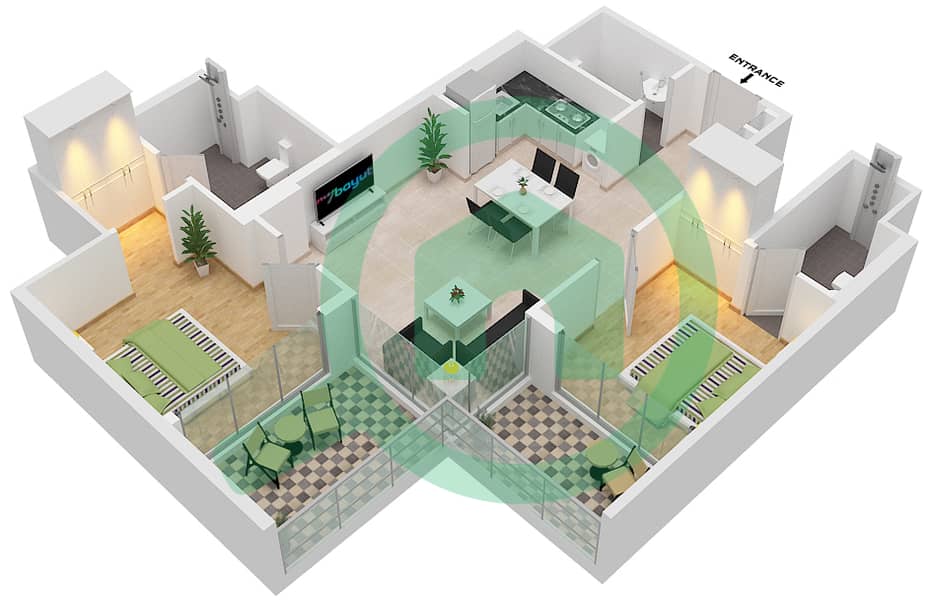 المخططات الطابقية لتصميم النموذج / الوحدة 1/10 FLOOR 1-7 شقة 2 غرفة نوم - عزيزي برتون Floor 1-7 interactive3D