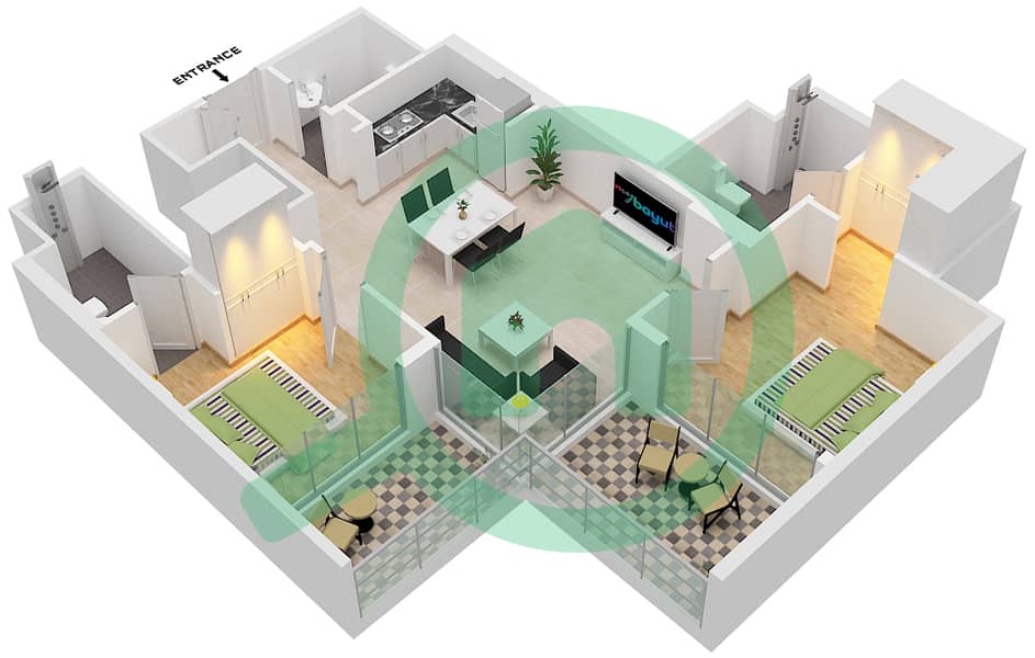 المخططات الطابقية لتصميم النموذج / الوحدة 2/25 FLOOR 1-6 شقة 2 غرفة نوم - عزيزي برتون Floor 1-6 interactive3D