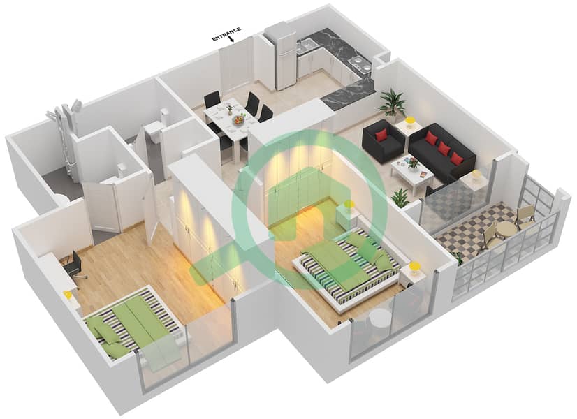 المخططات الطابقية لتصميم النموذج / الوحدة 1 / 5-6,8-9 شقة 2 غرفة نوم - جرين دايموند 1 تاور A interactive3D