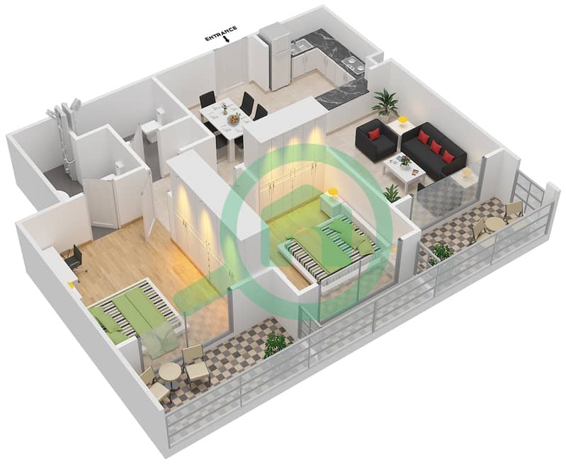 المخططات الطابقية لتصميم النموذج / الوحدة 2 /7 شقة 2 غرفة نوم - جرين دايموند 1 تاور A interactive3D