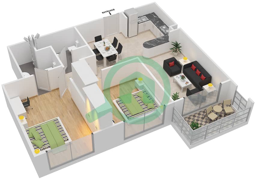 المخططات الطابقية لتصميم النموذج / الوحدة 4/ 1-2,12-13 شقة 2 غرفة نوم - جرين دايموند 1 تاور A interactive3D