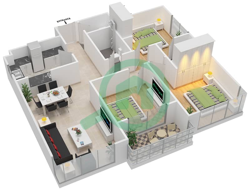 المخططات الطابقية لتصميم النموذج / الوحدة 3 /14 شقة 3 غرف نوم - جرين دايموند 1 تاور A interactive3D