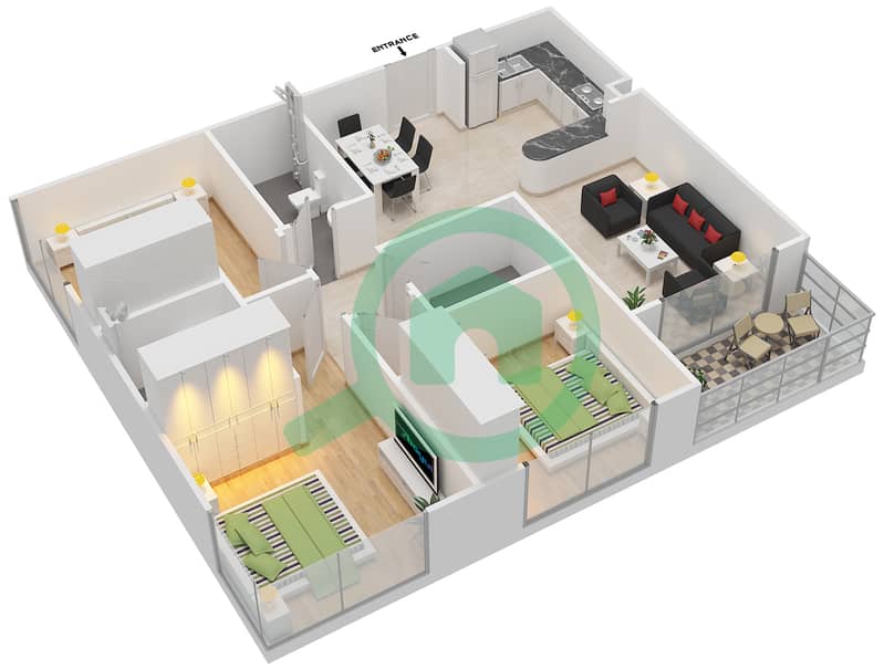 المخططات الطابقية لتصميم النموذج / الوحدة 5 / 3,11,13 شقة 3 غرف نوم - جرين دايموند 1 تاور A interactive3D