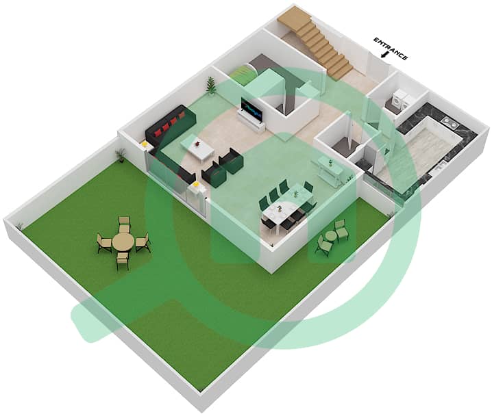 المخططات الطابقية لتصميم النموذج A تاون هاوس 3 غرف نوم - ياسمين Ground Floor interactive3D