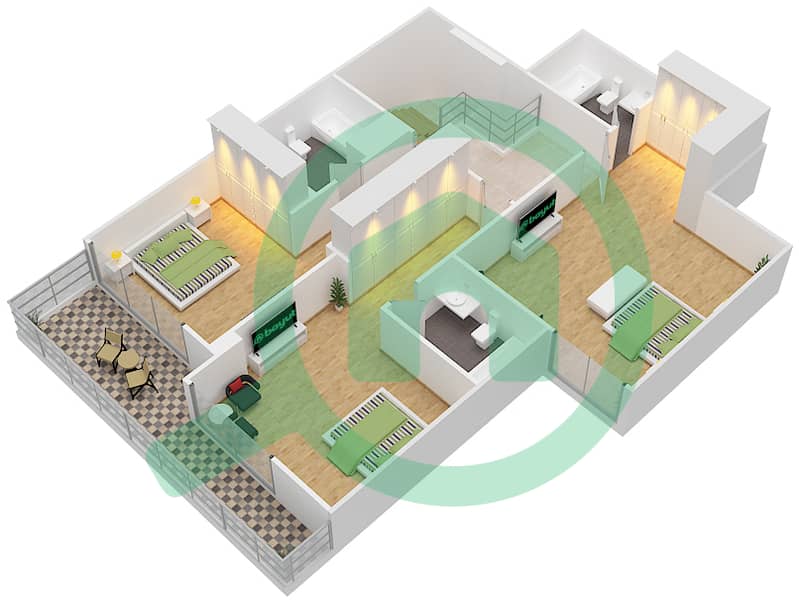 المخططات الطابقية لتصميم النموذج A تاون هاوس 3 غرف نوم - ياسمين Podium Floor interactive3D