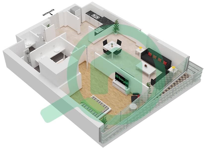 المخططات الطابقية لتصميم النموذج / الوحدة 1B/2 FLOOR شقة 1 غرفة نوم - فندق وأجنحة أفاني بالم فيو دبي Floor 17-40 interactive3D